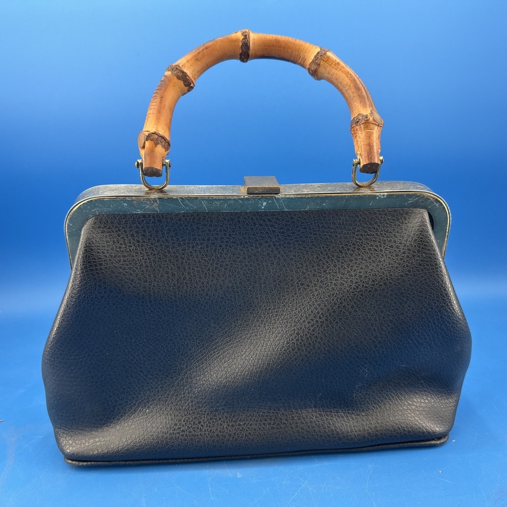 VTG 60s Black Pebbled Top Handle Handbag Bamboo Handle Frame Purse Classic - Picture 3 of 10